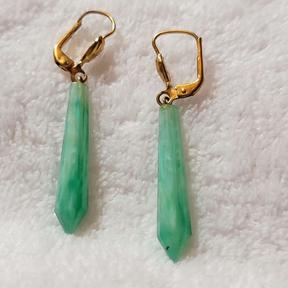 Green Aventurine Natural Gemstone Hexagonal Pointed Earrings with Gold